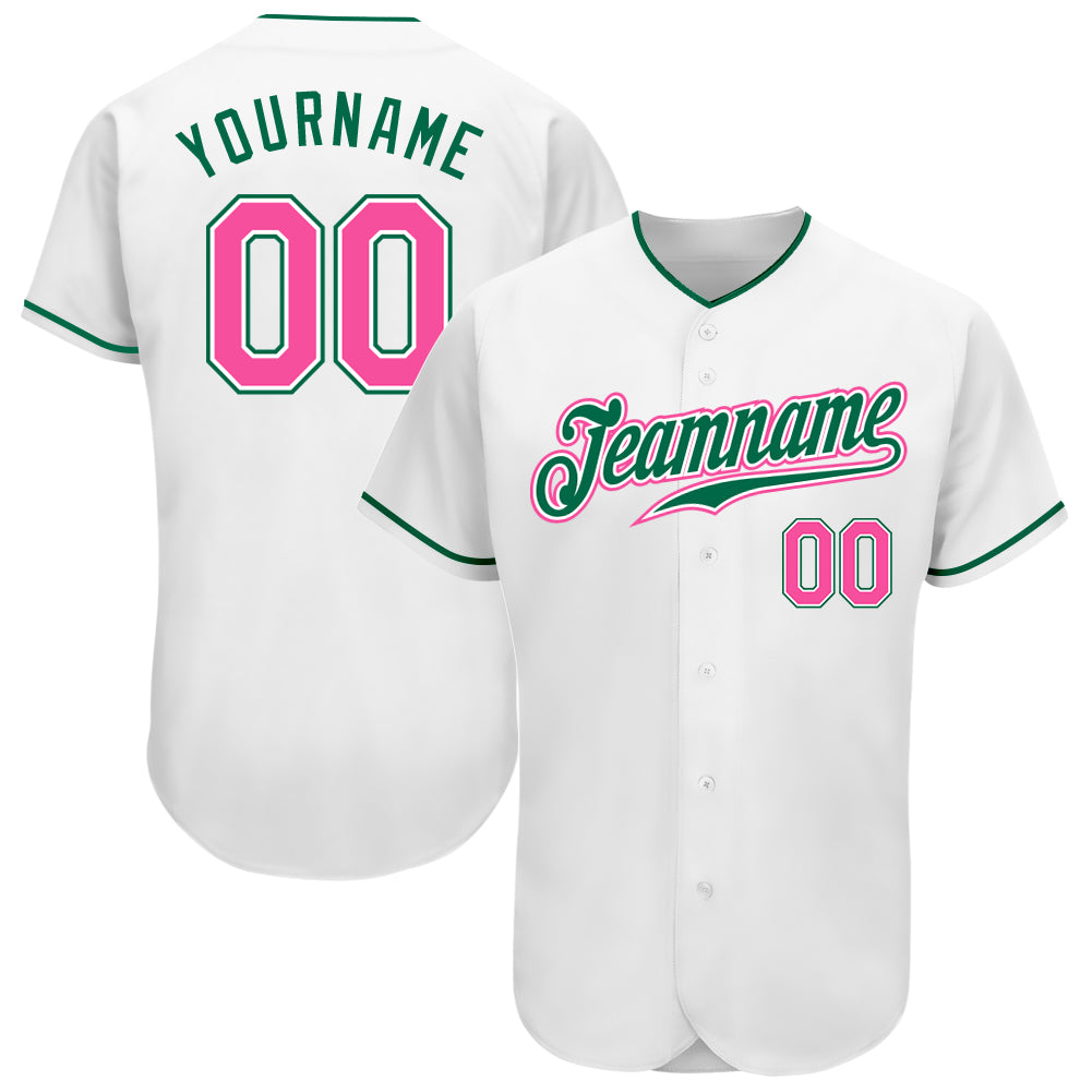 Custom White Pink-Kelly Green Authentic Baseball Jersey