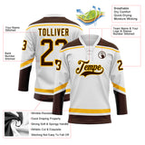 Custom White Brown-Gold Hockey Lace Neck Jersey