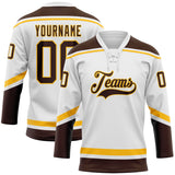 Custom White Brown-Gold Hockey Lace Neck Jersey