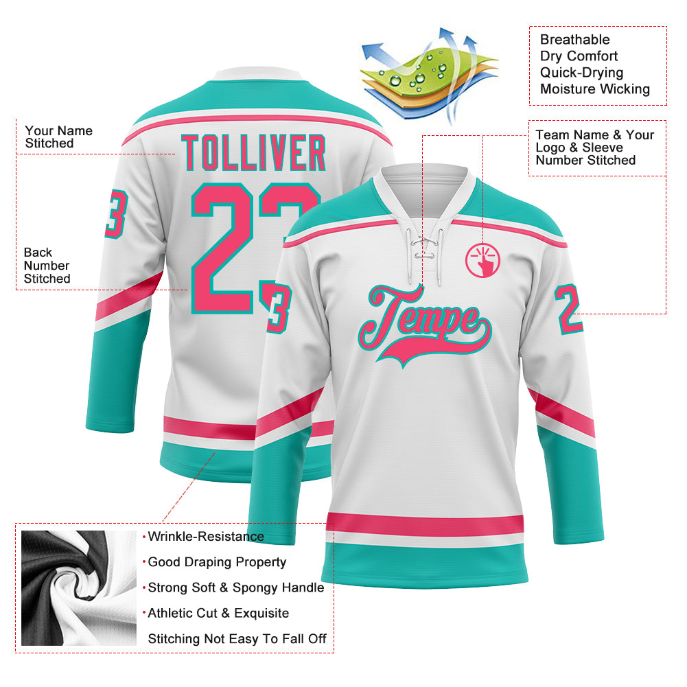 Custom White Neon Pink-Aqua Hockey Lace Neck Jersey