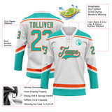 Custom White Aqua-Orange Hockey Lace Neck Jersey