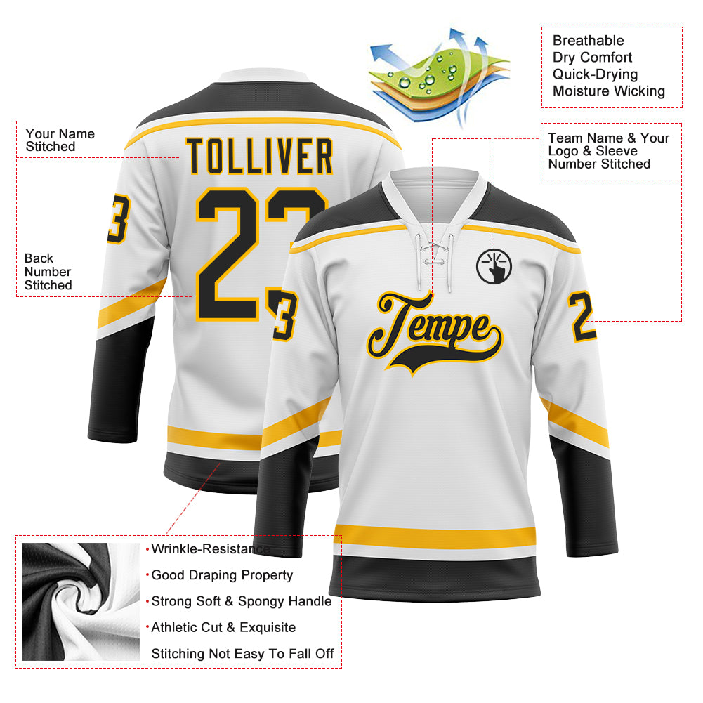 Custom White Black-Gold Hockey Lace Neck Jersey