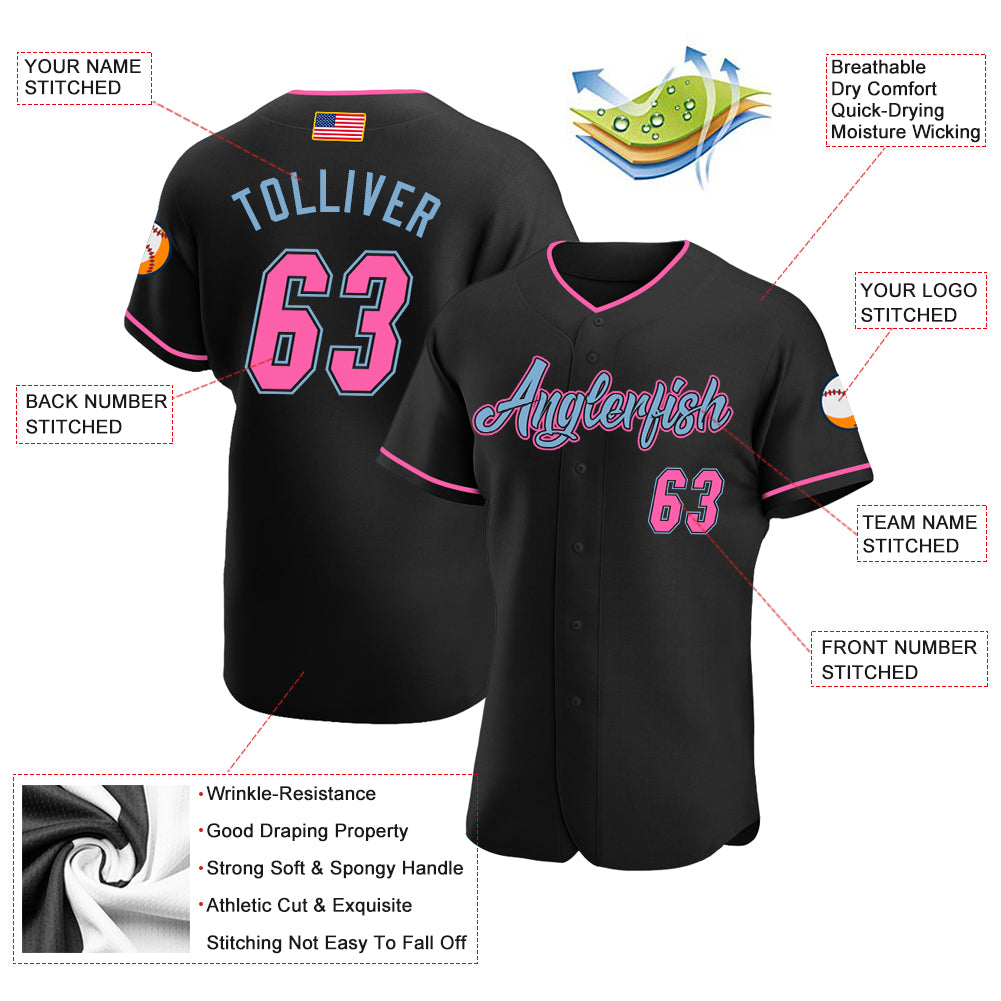 Custom Black Pink-Light Blue Authentic American Flag Fashion Baseball Jersey