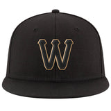 Custom Black Black-Old Gold Stitched Adjustable Snapback Hat