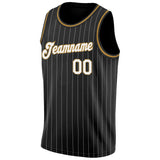 Custom Black White Pinstripe White-Old Gold Authentic Basketball Jersey