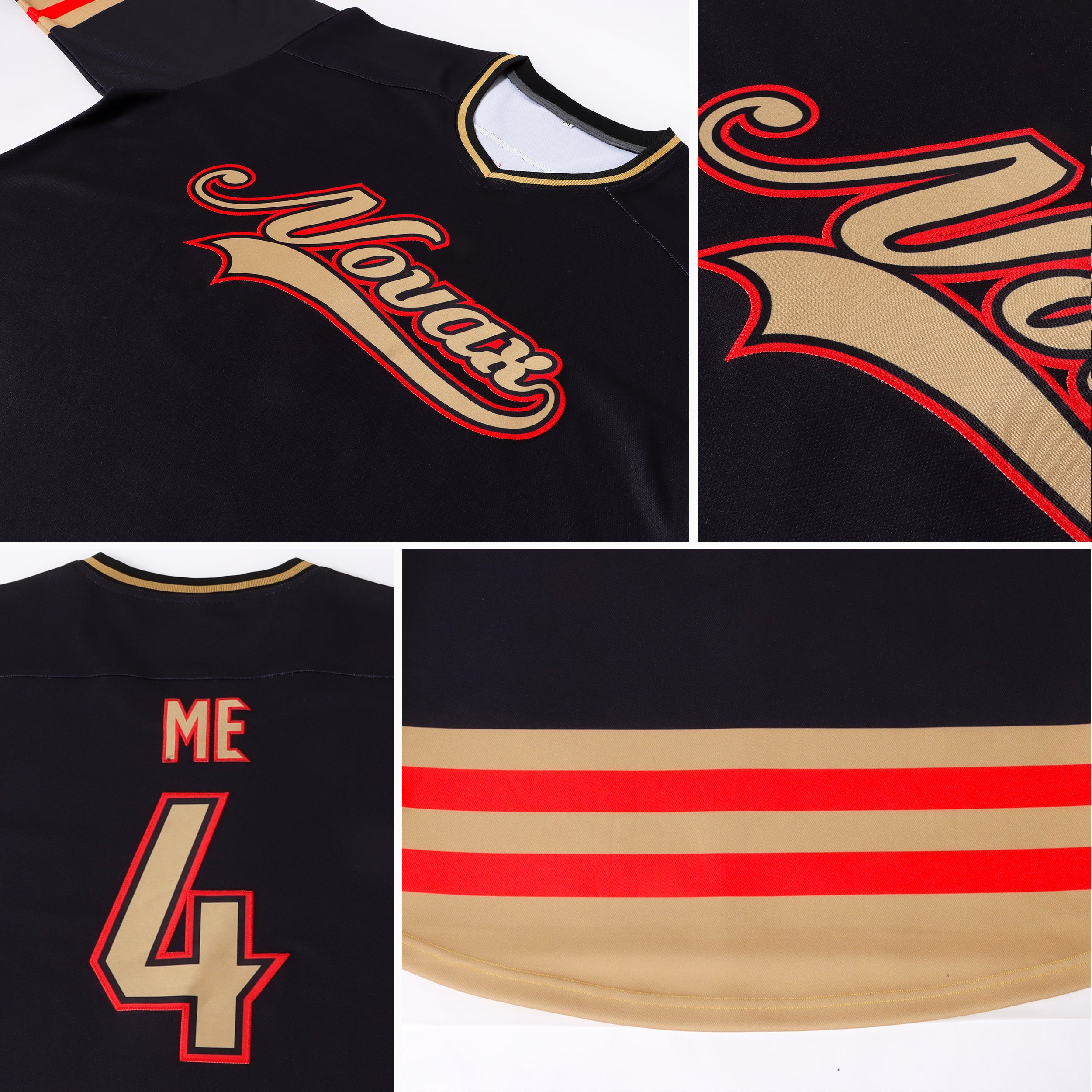  Custom Name Team Logo Number Old Gold Red-Black Hockey