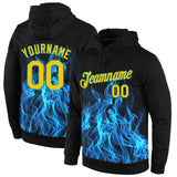 Custom Stitched Black Gold-Aqua 3D Pattern Design Flame Sports Pullover Sweatshirt Hoodie