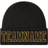 Custom Black Black-Old Gold Stitched Cuffed Knit Hat