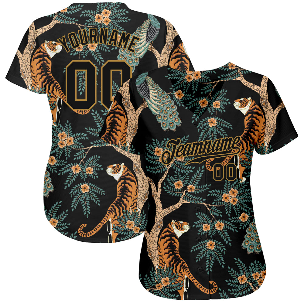 Custom Black Black-Old Gold 3D Pattern Design Tiger And Peacock Authentic Baseball Jersey