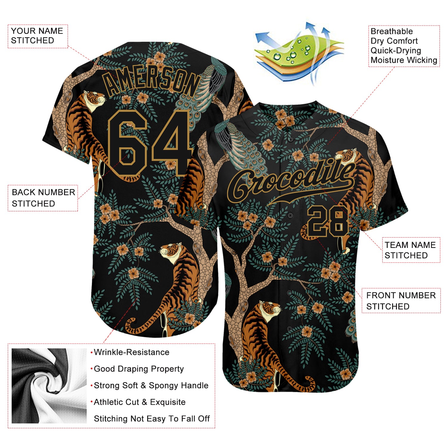 Custom Black Black-Old Gold 3D Pattern Design Tiger And Peacock Authentic Baseball Jersey