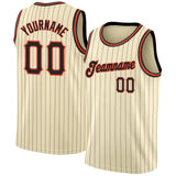 Custom Cream Black Pinstripe Black-Orange Authentic Basketball Jersey