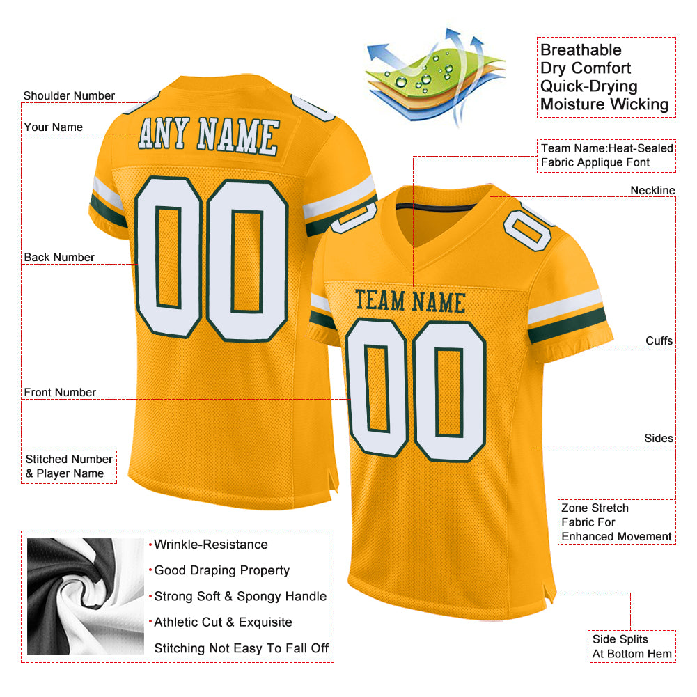 Custom Gold White-Green Mesh Authentic Football Jersey