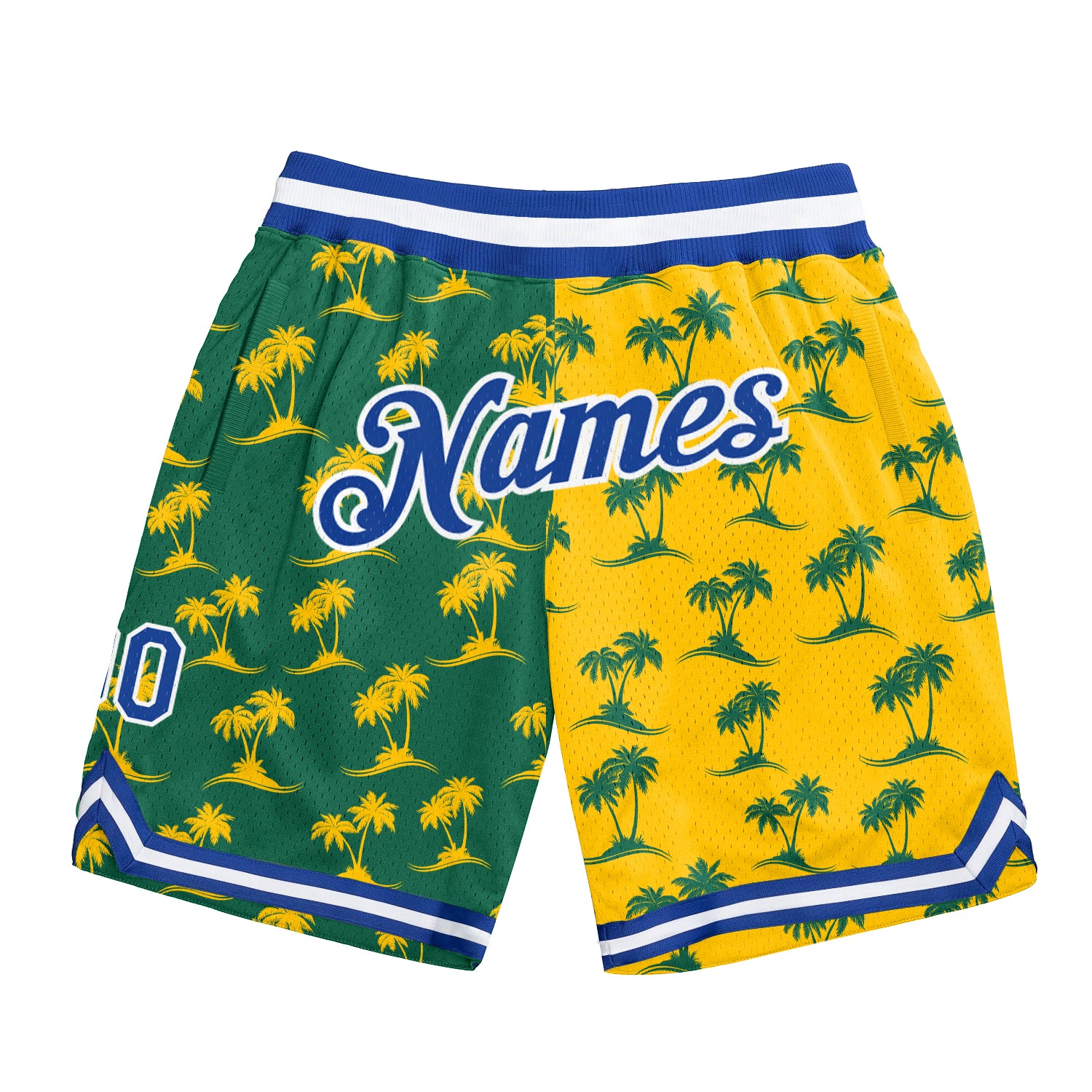 Custom Kelly Green Royal-Gold 3D Pattern Design Palm Trees Authentic Basketball Shorts