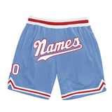 Custom Light Blue White-Red Authentic Throwback Basketball Shorts