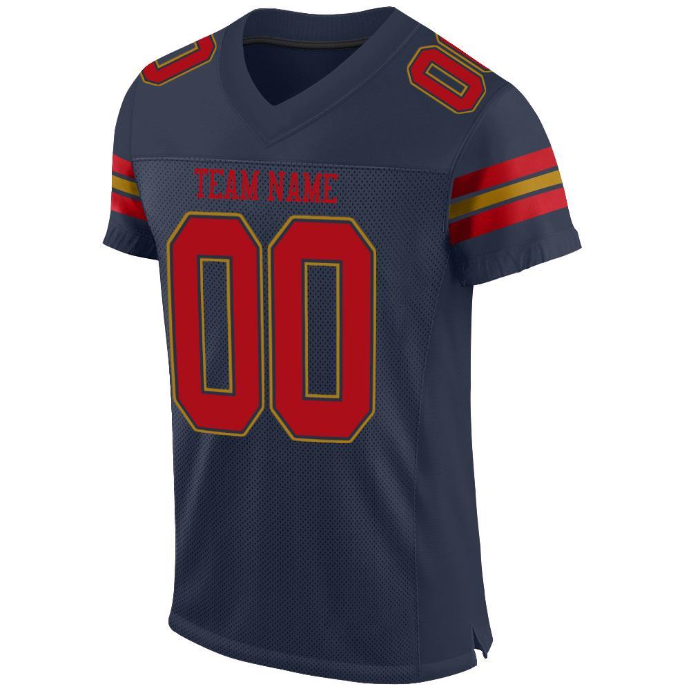 Custom Navy Red-Old Gold Mesh Authentic Football Jersey