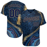 Custom Navy Navy-Old Gold 3D Pattern Design Marble Authentic Baseball Jersey