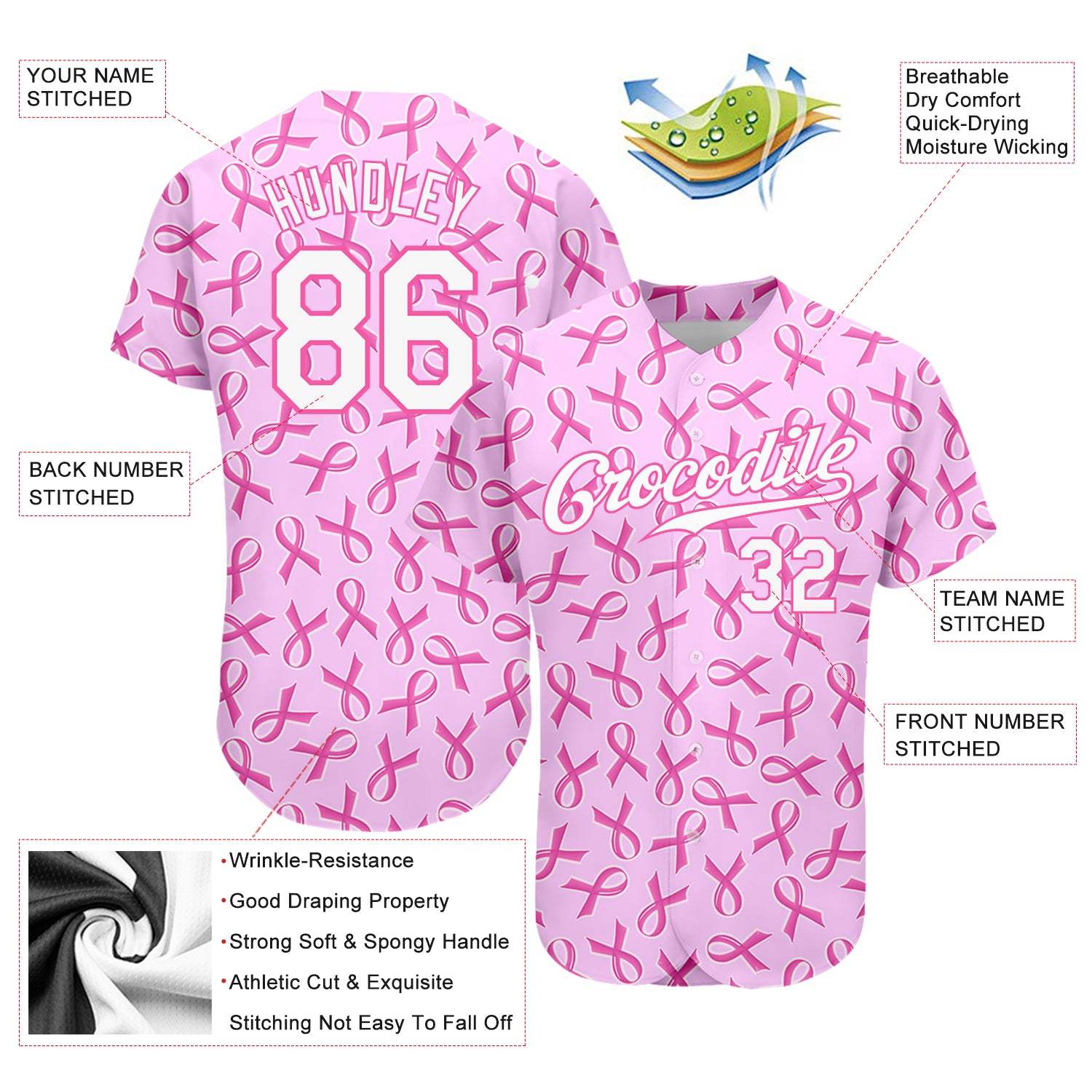Custom Pink White 3D Pattern Design Breast Cancer Authentic Baseball Jersey