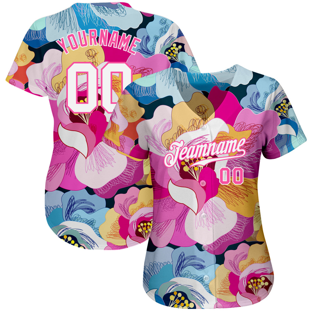 Custom Pink White-Pink 3D Pattern Design Flowers Authentic Baseball Jersey