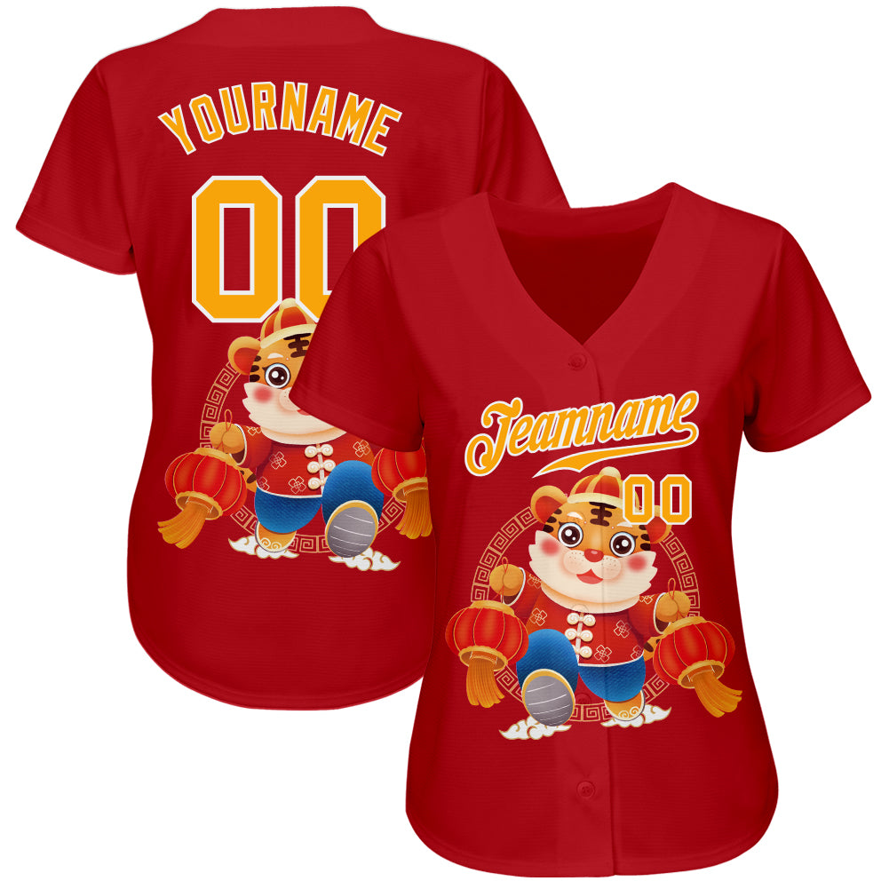 Custom Red Gold-White 3D Pattern Design Cute Tiger Authentic Baseball Jersey