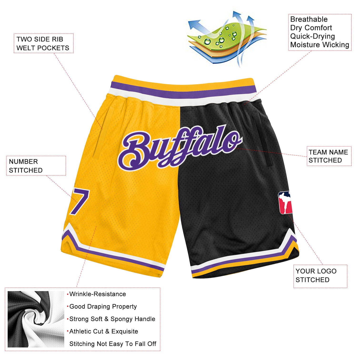 Custom Gold Purple-Black Authentic Throwback Split Fashion Basketball Shorts
