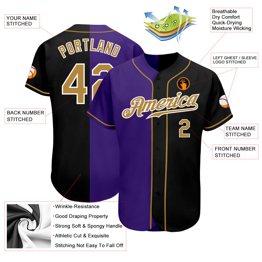 Custom Black Old Gold-Purple Authentic Split Fashion Baseball Jersey
