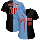 Custom Black Red-Light Blue Authentic Split Fashion Baseball Jersey