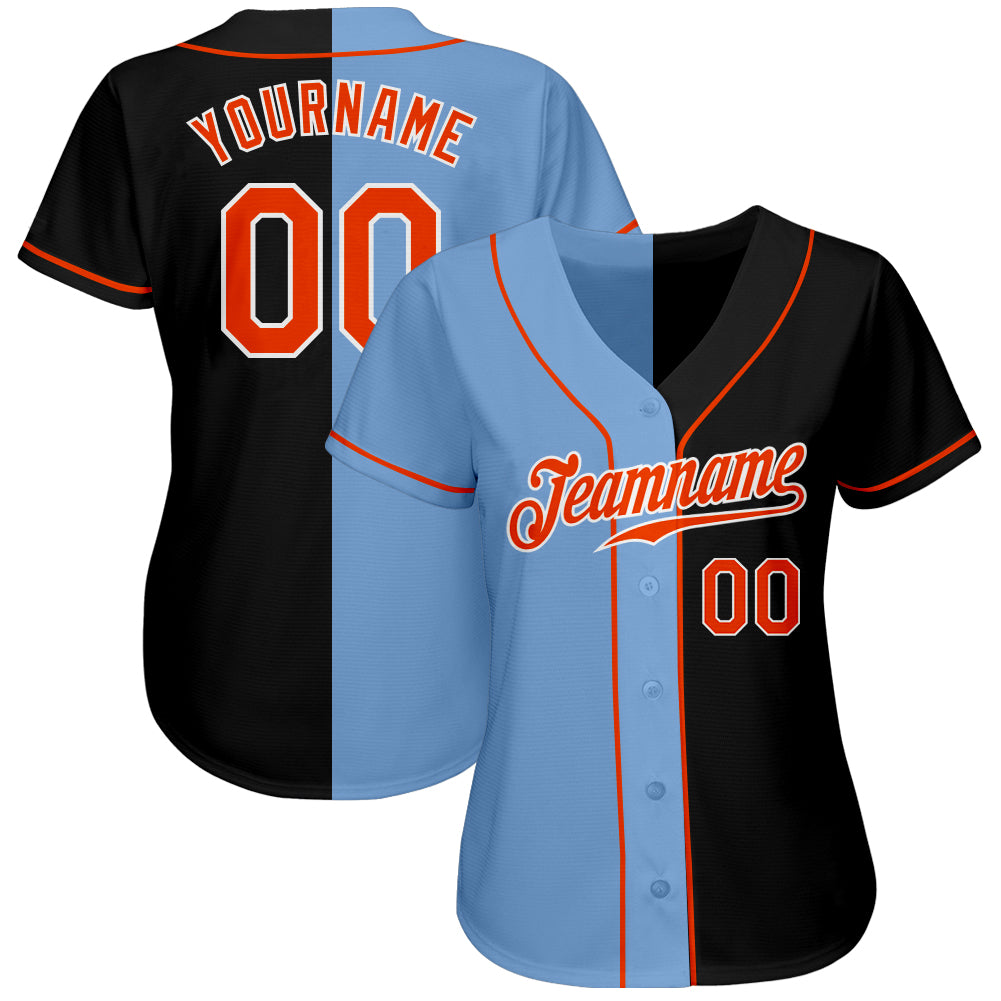 Custom Black Orange-Light Blue Authentic Split Fashion Baseball Jersey