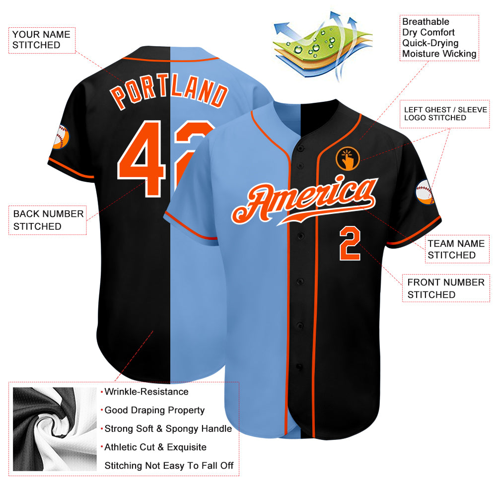 Custom Black Orange-Light Blue Authentic Split Fashion Baseball Jersey