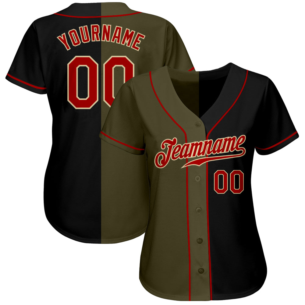 Custom Black Red-Olive Authentic Split Fashion Baseball Jersey