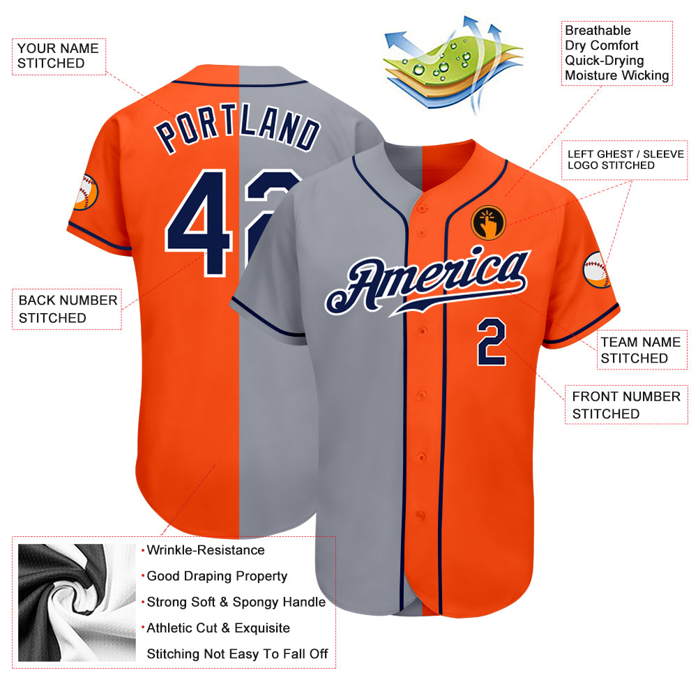Custom Orange Navy-Gray Authentic Split Fashion Baseball Jersey