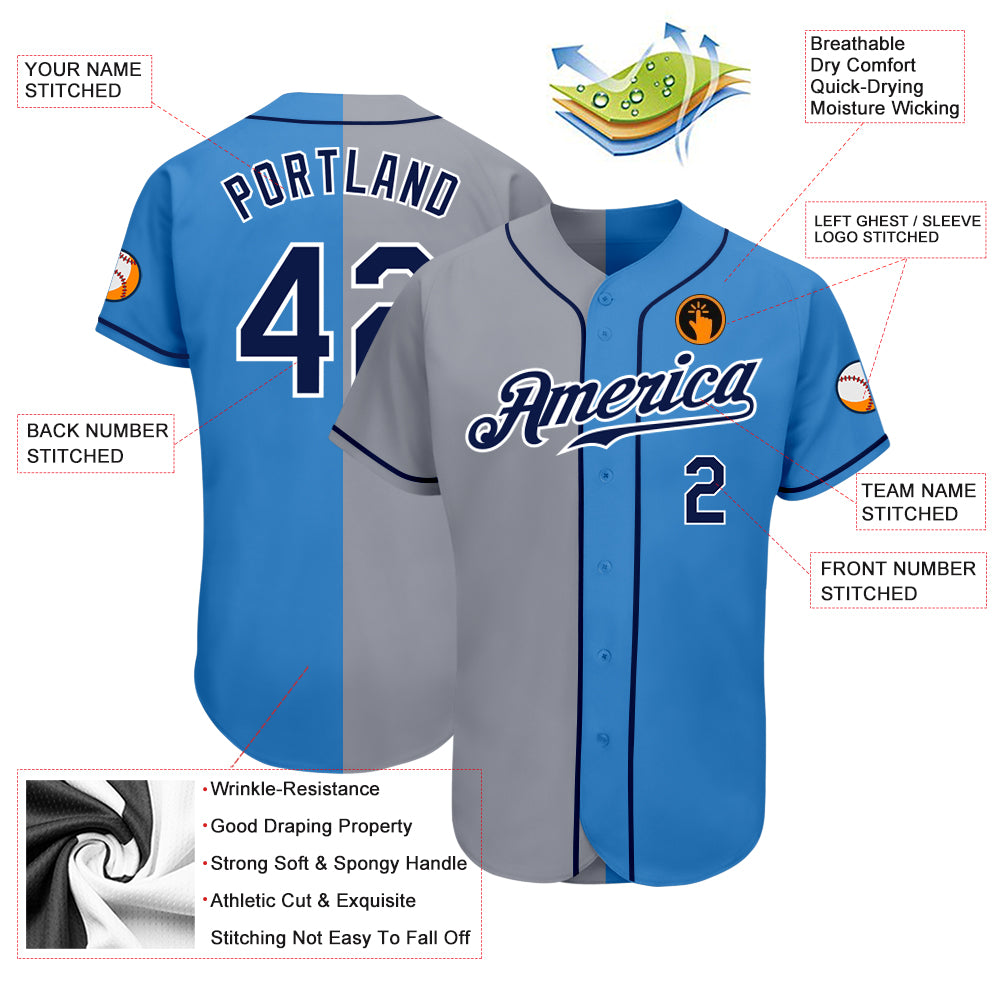 Custom Powder Blue Navy-Gray Authentic Split Fashion Baseball Jersey