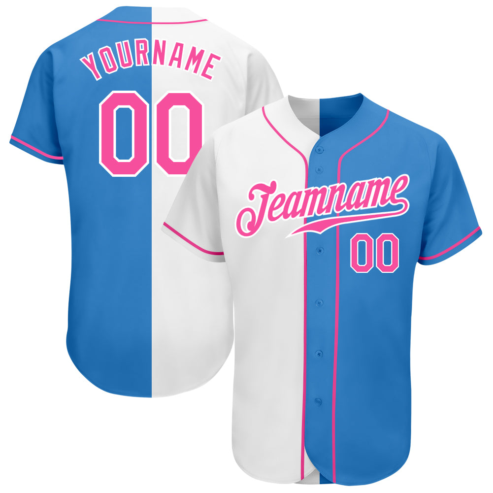 Custom Powder Blue Pink-White Authentic Split Fashion Baseball Jersey