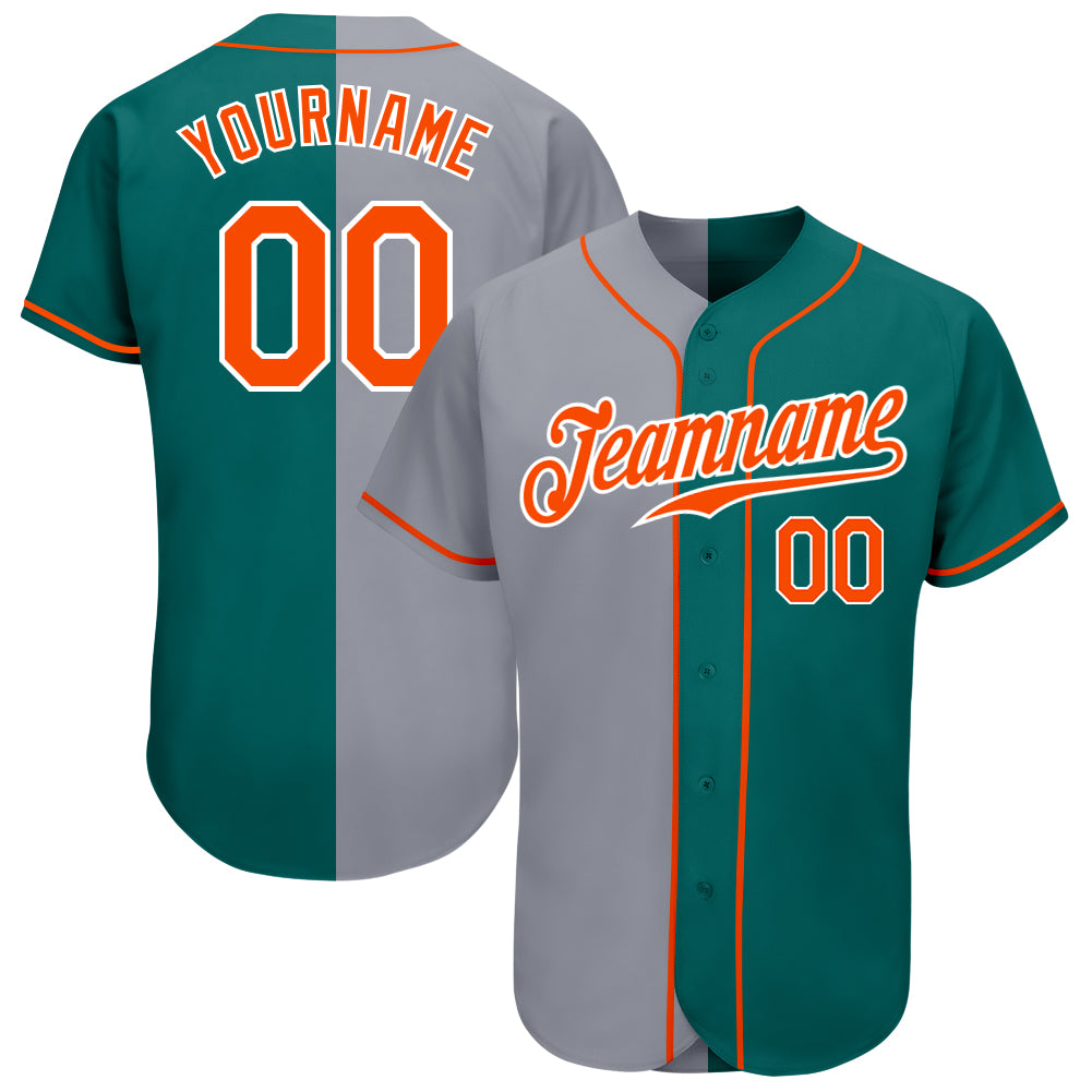 Custom Teal Orange-Gray Authentic Split Fashion Baseball Jersey