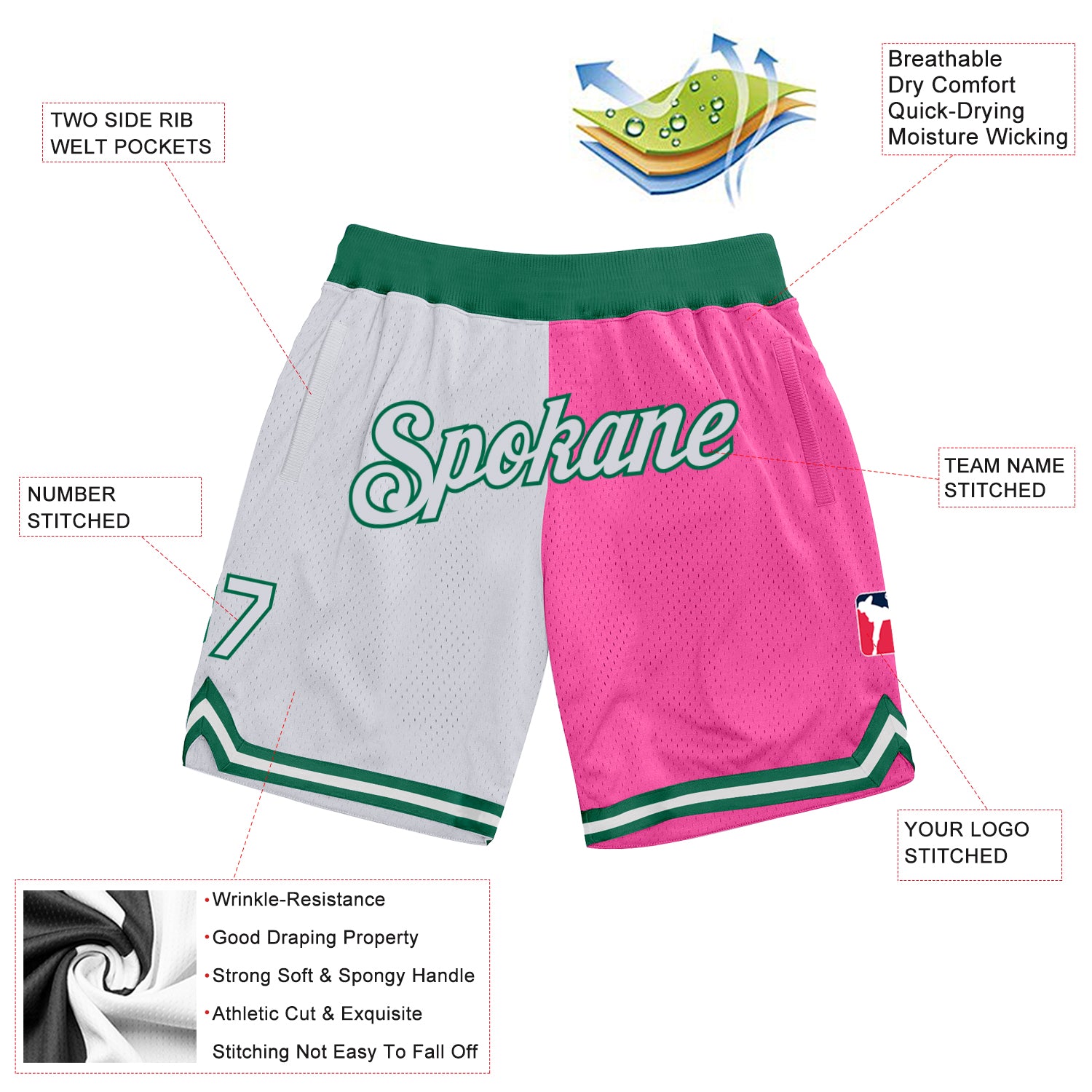 Custom Pink White-Kelly Green Authentic Throwback Split Fashion Basketball Shorts