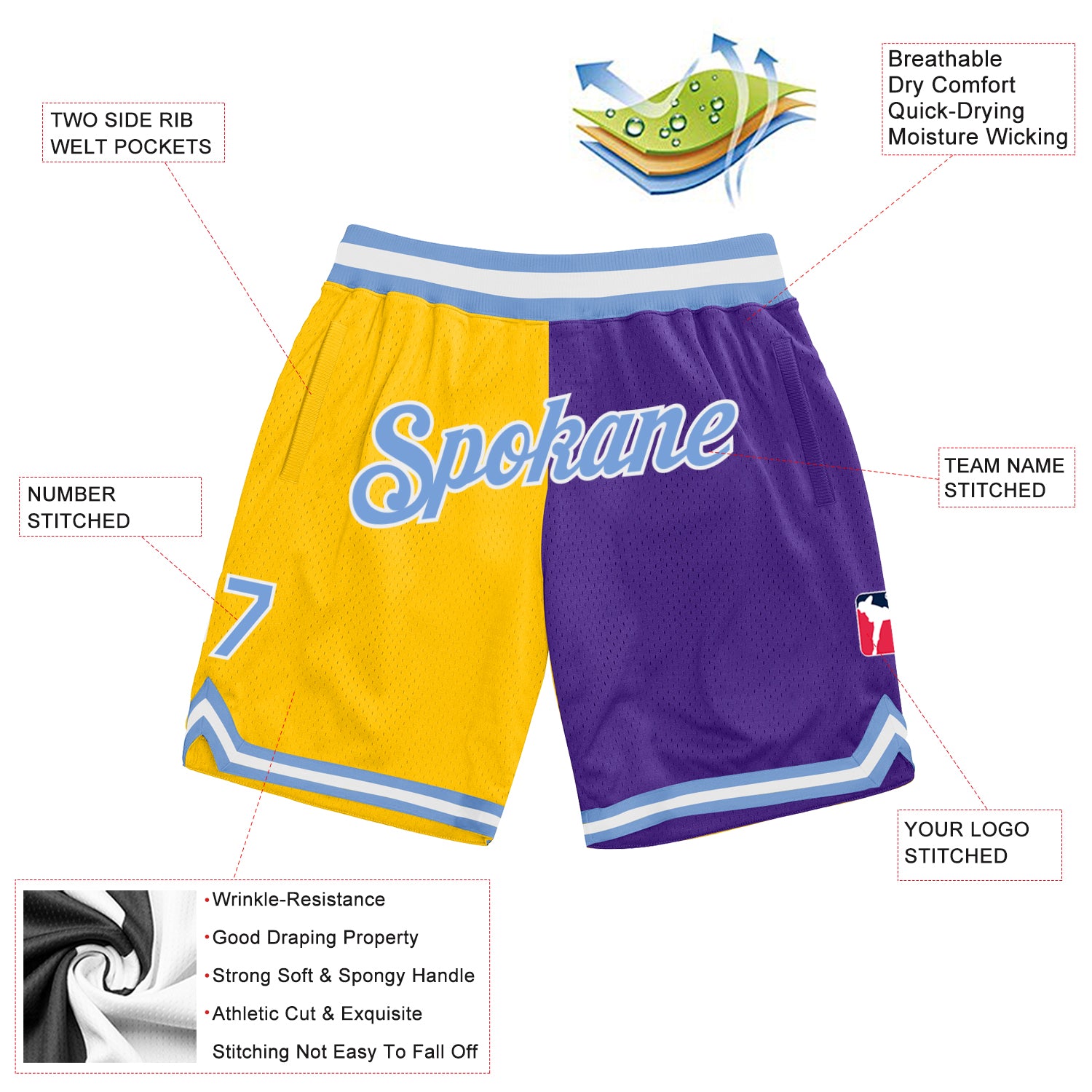 Custom Gold Light Blue-Purple Authentic Throwback Split Fashion Basketball Shorts