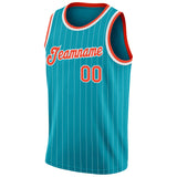 Custom Teal White Pinstripe Orange-White Authentic Basketball Jersey