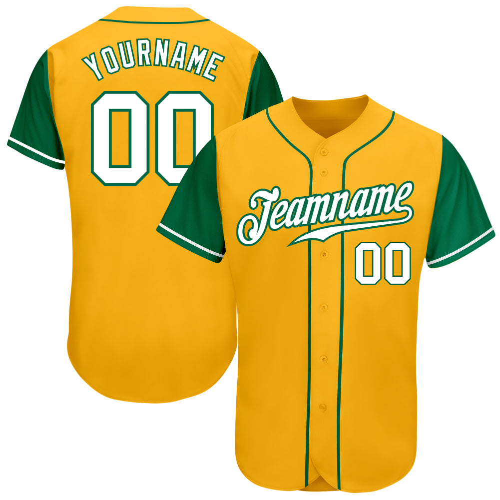 Custom Gold White-Kelly Green Authentic Two Tone Baseball Jersey