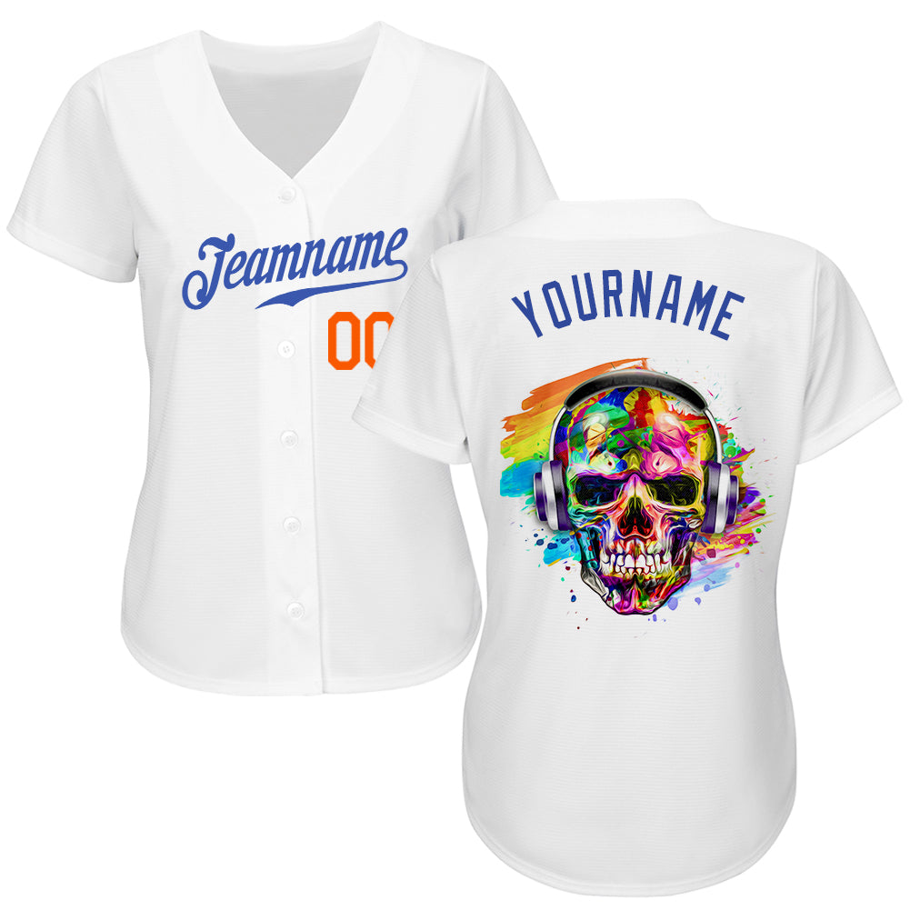 Custom White Royal-Orange Authentic Skull Fashion Baseball Jersey